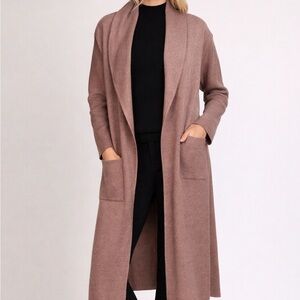 Max Sport Long Knit Cardigan Coat Women's Sz L Heather Dark Sand Open Front $368